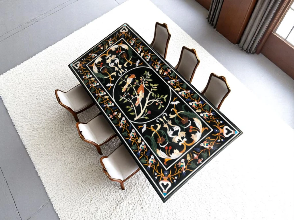 Black Marble Dining Table with Floral Pietra Dura Bird Inlay Design